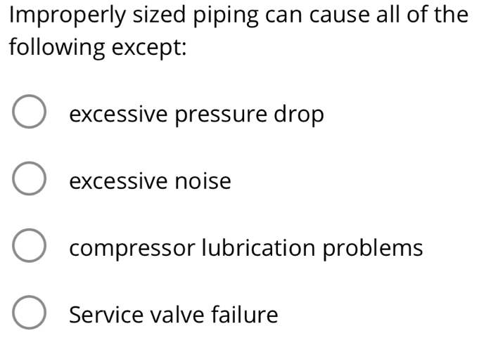 Improperly sized piping can cause all of the
following except:
excessive pressure drop
excessive noise
compressor lubrication problems
Service valve failure