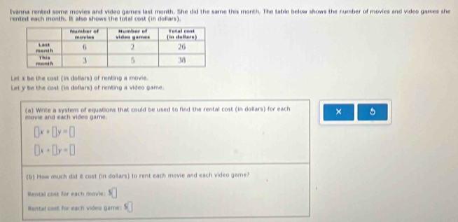 Ivanna rented some movies and video games last month. She did the same this month. The table below shows the number of movies and video games she
rented each month. It also shows the total cost (in dollars).
Let x be the cost (in dollars) of renting a movie.
Let y be the cost (in dollars) of renting a video game.
(a) Write a system of equations that could be used to find the rental cost (in dollars) for each ×
movie and each video game.
□ x+□ y=□
□ x+□ y=□
(b) How much did it cost (in dollars) to rent each movie and each video game?
Mental cost for each movie:
Rental cost for each video game: