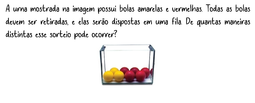 A urna mostrada na imagem possui bolas amarelas e vermelhas. Todas as bolas 
devem ser retiradas, e elas serão dispostas em uma fila. De quantas maneiras 
distintas esse sorteio pode ocorrer?