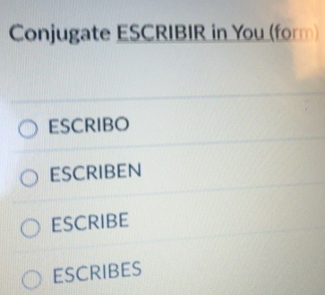 Solved: Conjugate ESCRIBIR in You (form) ESCRIBO ESCRIBEN ESCRIBE ...
