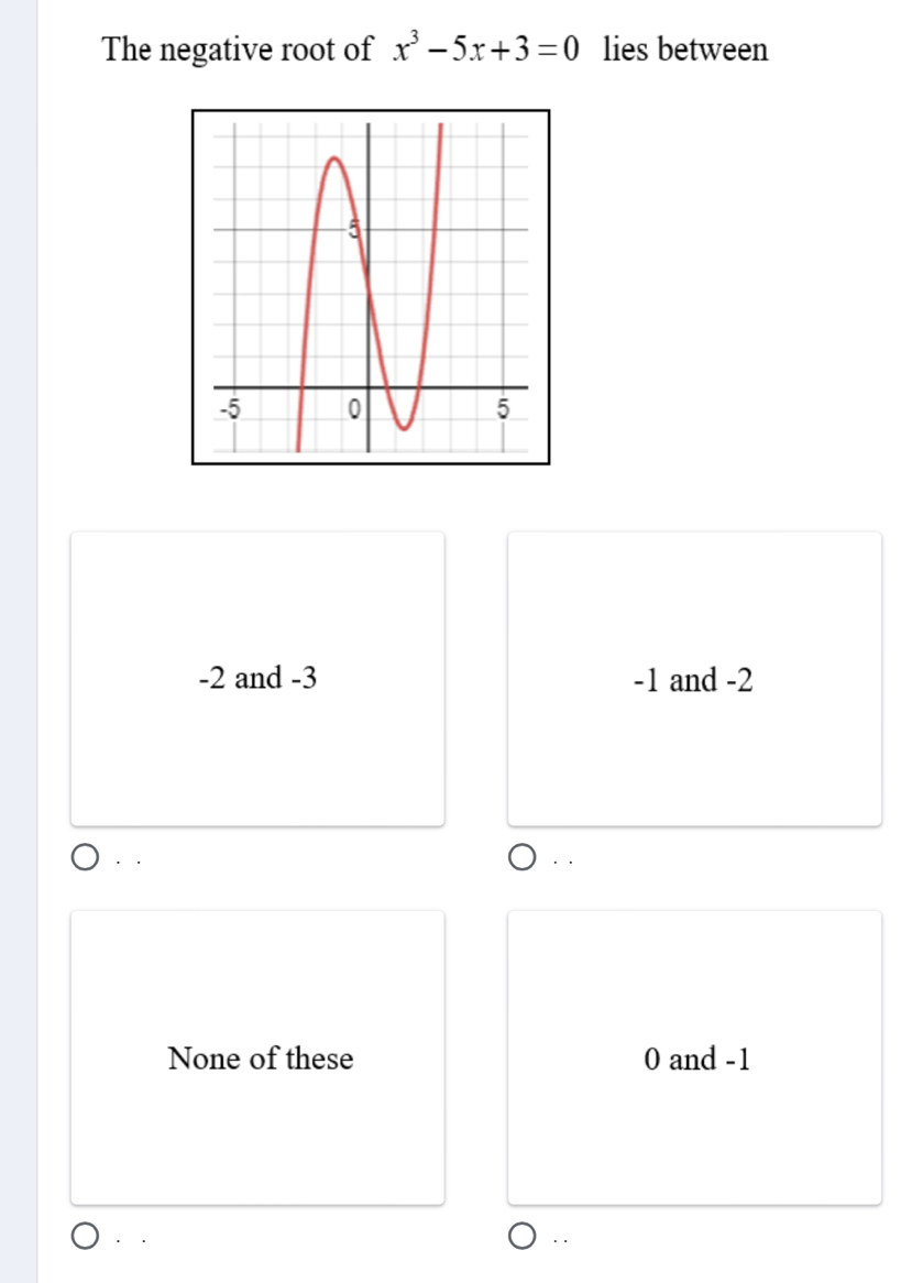 The negative root of x^3-5x+3=0 lies between
-2 and -3 -1 and -2
·· · ·
None of these 0 and -1. . . .