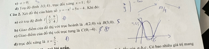 c) a>0
d) Toạ độ đinh I(1;4) , trục đổi xứng x=1
Câu 2. Xét đồ thị của hàm số y=-x^2+5x-4. Khi đó:
a) có toạ độ đỉnh I( 5/2 : 9/4 )
b) Giao điểm của đồ thị với trục hoành là A(2;0) và B(3;0)
c) Giao điểm của đồ thị với trục tung là C(0;-4). 
d) trục đổi xứng là x= 5/2 . 
à lời ngắn.
của g,bịc . Có bao nhiêu á trị mang