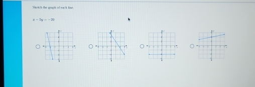 Sketch the graphs of each line.
x-5y=-20