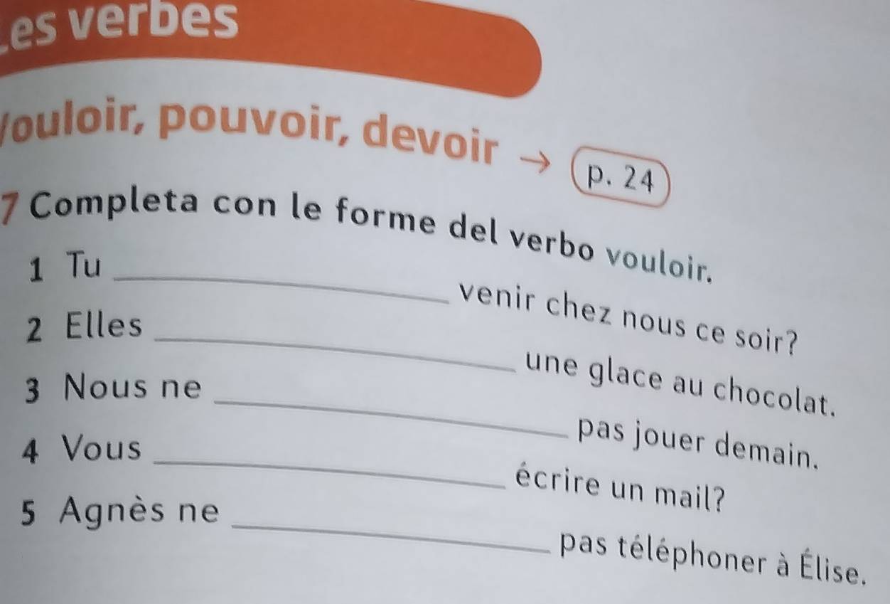 es verbes 
Vouloir, pouvoir, devoir 
p. 24 
7 Completa con le forme del verbo vouloir. 
1 Tu_ 
_venir chez nous ce soir? 
2 Elles 
_une glace au chocolat. 
3 Nous ne 
_ 
4 Vous 
pas jouer demain. 
_ 
écrire un mail? 
5 Agnès ne 
pas téléphoner à Élise.