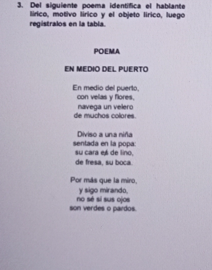 Del siguiente poema identifica el hablante 
lirico, motivo lírico y el objeto lirico, luego 
registralos en la tabla. 
POEMA 
EN MEDIO DEL PUERTO 
En medio del puerto, 
con velas y flores, 
navega un velero 
de muchos coores. 
Diviso a una niña 
sentada en la popa: 
su cara es de lino, 
de fresa, su boca. 
Por más que la miro, 
y sigo mirando, 
no sé sí sus ojos 
son verdes o pardos.