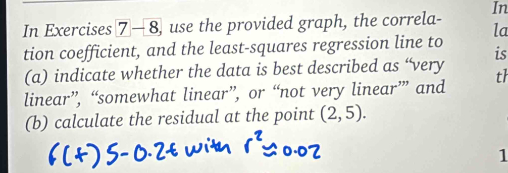 In Exercises 7 -8, use the provided graph, the correla- In 
la 
tion coefficient, and the least-squares regression line to 
is 
(a) indicate whether the data is best described as “very 
linear”, “somewhat linear”, or “not very linear” and th 
(b) calculate the residual at the point (2,5). 
1