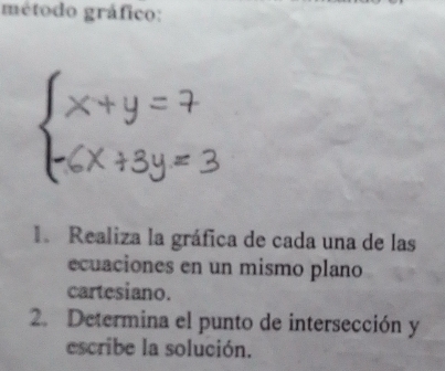 método gráfico: 
1. Realiza la gráfica de cada una de las 
ecuaciones en un mismo plano 
cartesiano. 
2. Determina el punto de intersección y 
escribe la solución.