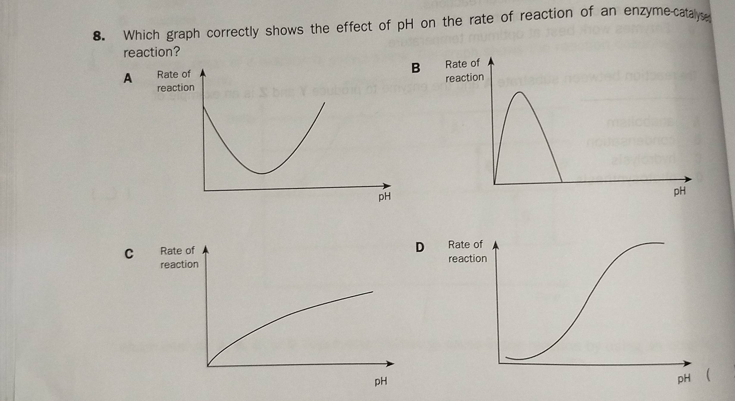 Which graph correctly shows the effect of pH on the rate of reaction of an enzyme-catalyse 
reaction? 
B 
A 
D 
C Rate of 
reaction 
pH