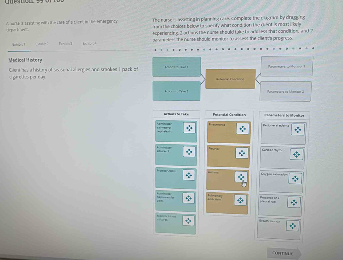 Question . 9 9 o r 1 
A nurse is assisting with the care of a client in the emergency The nurse is assisting in planning care. Complete the diagram by dragging 
department. from the choices below to specify what condition the client is most likely 
experiencing, 2 actions the nurse should take to address that condition, and 2
Exhibit 1 Exh(b/t 2 Exhibit 3 Exhibit 4 parameters the nurse should monitor to assess the client's progress. 
Medical History 
Client has a history of seasonal allergies and smokes 1 pack of Actions to Take 1 Parameters to Monitor 1
cigarettes per day. Potential Condition 
Actions to Take 2 Parameters to Monitor 2
Actions to Take Potential Condition Parameters to Monitor 
Administer Pneumonia Peripheral edema 
salmeterol 
cephalexin. 
Administer Pleurisy 
albuterol. Cardiac rhythm 
Monitor ABGs Asthma Oxygen saturation 
Administer Pulmonary Presence of a 
naproxen for 
pain emboli sm pleural rub 
Monitor blood 
cultur es Breath sounds 
CONTINUE