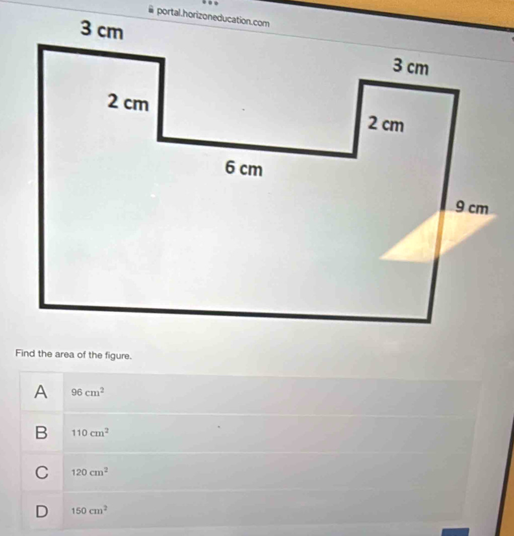 A 96cm^2
B 110cm^2
C 120cm^2
D 150cm^2