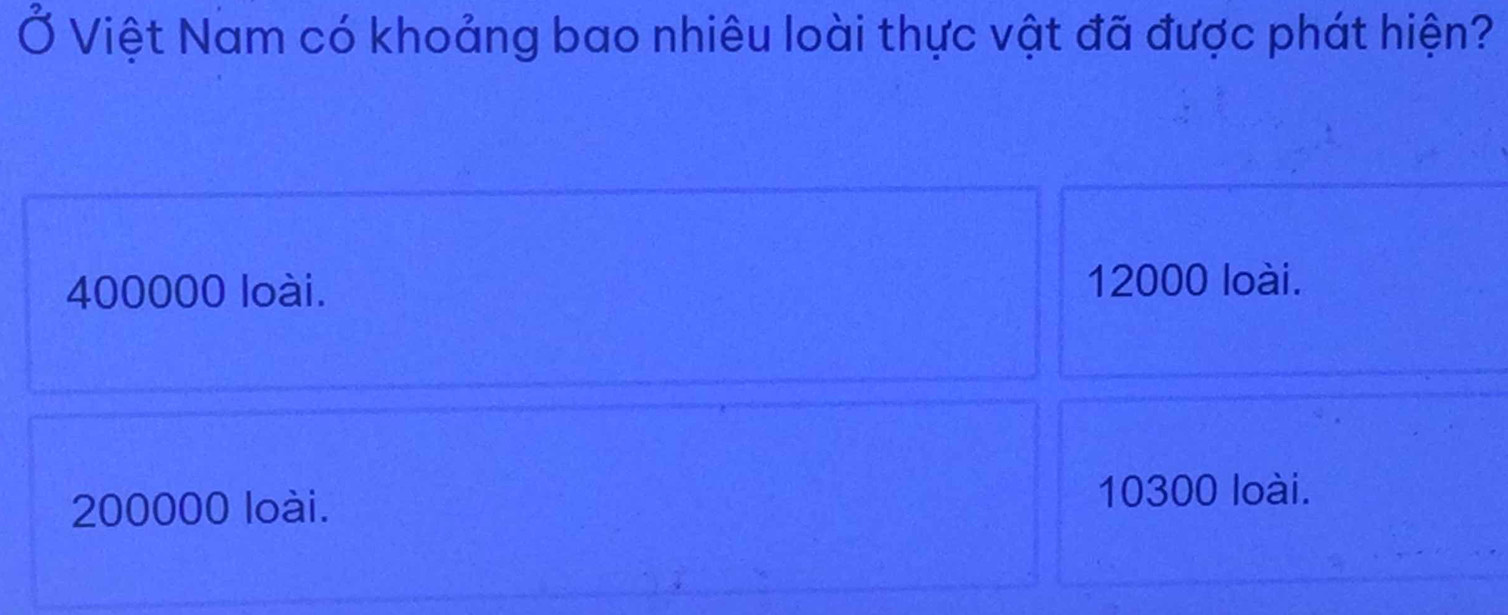 Ở Việt Nam có khoảng bao nhiêu loài thực vật đã được phát hiện?
400000 loài. 12000 loài.
200000 loài.
10300 loài.