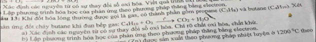 S+O_2
Xác định các nguyên tử có sự thay đổi số oxi hóa. Việt quả trình ấx 
Lập phương trình hóa học của phân ứng theo phương pháp thắng bảng electron. 
ầu 13: Khí đột hóa lóng thường được gọi là gas, có thành phần gồm propane (C_3H_8) và butane (C_4H_10). Xét 
nán ứng đốt cháy butane khi đun bếp gas: C_4H_10+O_2xrightarrow rCO_2+H_2O
) Xác định các nguyên tử có sự thay đôi số oxi hóa. Chỉ rõ chất oxi hóa, chất khử, 
b) Lập phương trình hóa học của phản ứng theo phương pháp thăng bằng electron. 1200°C theo 
n) được sản xuất theo phương pháp nhiệt luyện ở