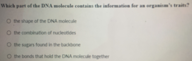 Which part of the DNA molecule contains the information for an organism's traits?
the shape of the DNA molecule
the combination of nucleotides
the sugars found in the backbone
the bonds that hold the DNA molecule together