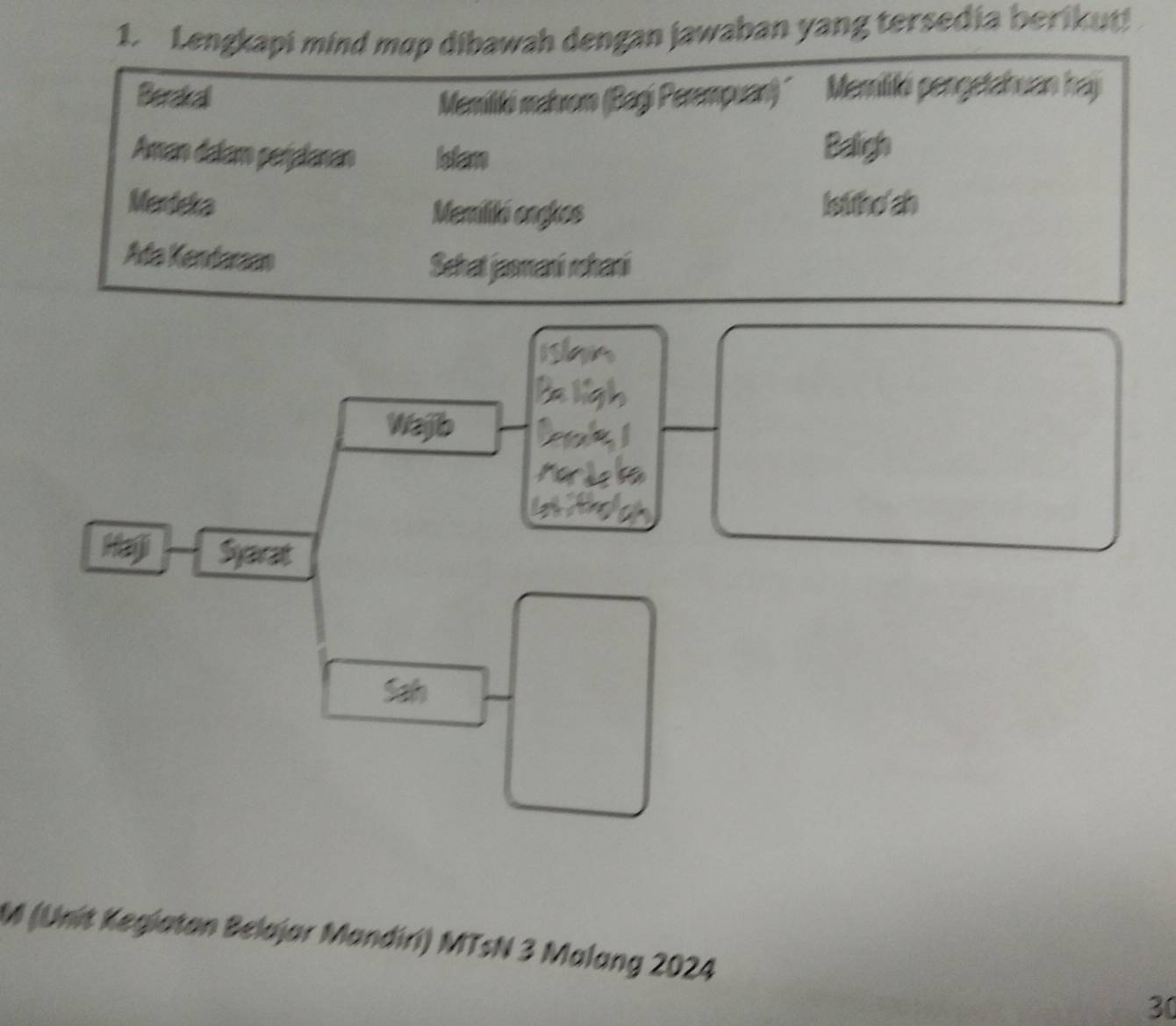 Lengkapi mind mɑp dibawah dengan jawaban yang tersedia berikut! 
Berakall Memiliki mahrom (Bagi Perempuan) ' Memiliki pengetahuan haj 
Aman dalam perialanan Istam Baligh 
Menteka Istitho'ah 
Memiliká ongkos 
Ada Kendaraan 
Sehat jasmani rhani 
Wajib 
Haji Syarat 
Sah 
M (Unit Kegiatan Belajar Mandiri) MTsN 3 Malang 2024 
30