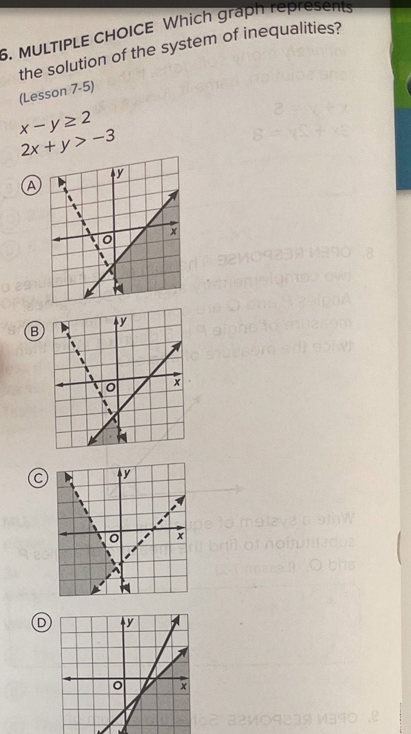 Which graph represents
the solution of the system of inequalities?
(Lesson 7-5)
x-y≥ 2
2x+y>-3
A
B
C
D