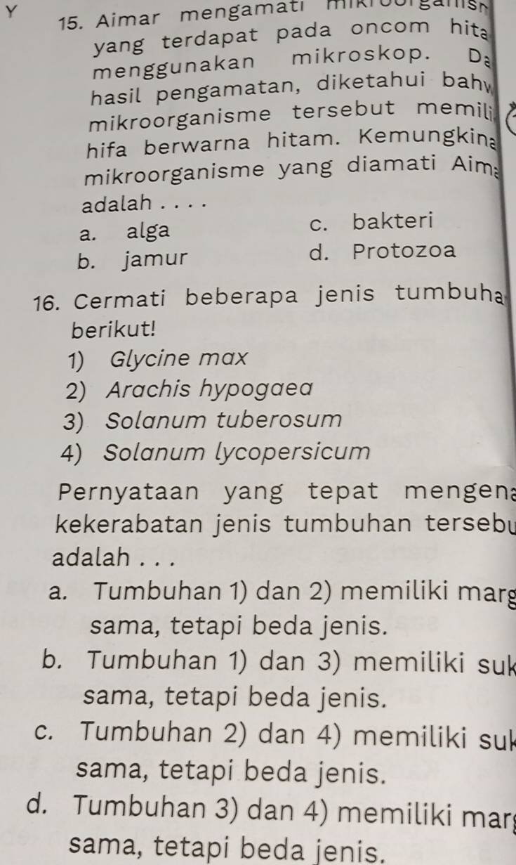 Aimar mengamatı mikr oor gansh
yang terdapat pada oncom hit .
menggunakan mikroskop. D
hasil pengamatan, diketahui bah.
mikroorganisme tersebut memili
hifa berwarna hitam. Kemungkin
mikroorganisme yang diamati Aim
adalah . . . .
a. alga c. bakteri
b. jamur d. Protozoa
16. Cermati beberapa jenis tumbuha
berikut!
1) Glycine max
2) Arachis hypogaea
3) Solanum tuberosum
4) Solanum lycopersicum
Pernyataan yang tepat mengen
kekerabatan jenis tumbuhan tersebu
adalah . . .
a. Tumbuhan 1) dan 2) memiliki marg
sama, tetapi beda jenis.
b. Tumbuhan 1) dan 3) memiliki suk
sama, tetapi beda jenis.
c. Tumbuhan 2) dan 4) memiliki su
sama, tetapi beda jenis.
d. Tumbuhan 3) dan 4) memiliki mar
sama, tetapi beda jenis.