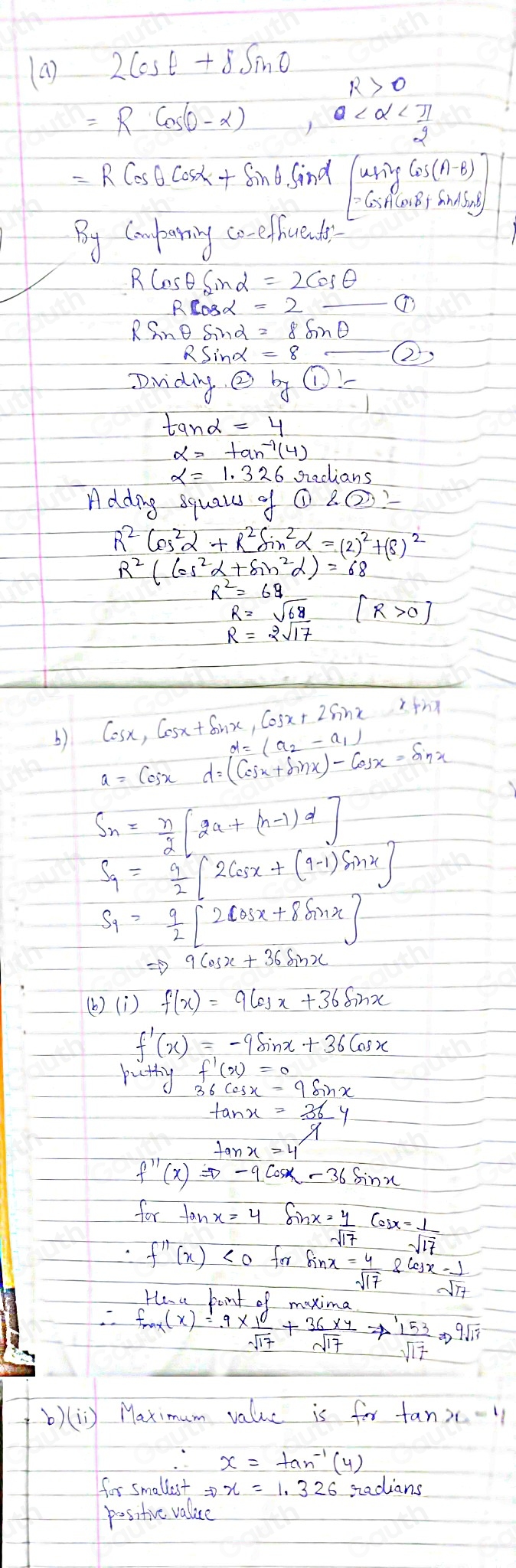 Solved: Express 2cos θ +8sin θ in the form Rcos (θ -alpha ) , where R ...