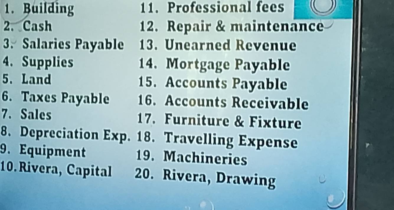 Building 11. Professional fees 
2. Cash 12. Repair & maintenance 
3. Salaries Payable 13. Unearned Revenue 
4. Supplies 14. Mortgage Payable 
5. Land 15. Accounts Payable 
6. Taxes Payable 16. Accounts Receivable 
7. Sales 17. Furniture & Fixture 
8. Depreciation Exp. 18. Travelling Expense 
9. Equipment 19. Machineries 
10. Rivera, Capital 20. Rivera, Drawing