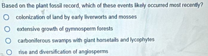 Based on the plant fossil record, which of these events likely occurred most recently?
colonization of land by early liverworts and mosses
extensive growth of gymnosperm forests
carboniferous swamps with giant horsetails and lycophytes
rise and diversification of angiosperms