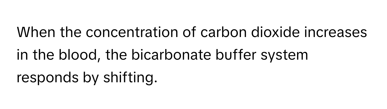 When the concentration of carbon dioxide increases in the blood, the bicarbonate buffer system responds by shifting.