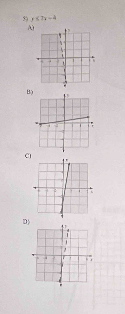 y≤ 7x-4
A 
B) 
C) 
D)