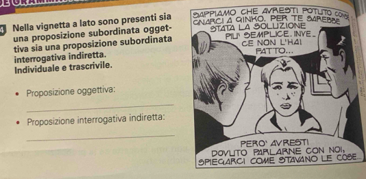 Bo 
Nella vignetta a lato sono presenti sia 
una proposizione subordinata ogget- 
tiva sia una proposizione subordinata 
interrogativa indiretta. 
Individuale e trascrivile. 
Proposizione oggettiva: 
_ 
Proposizione interrogativa indiretta: 
_ 
...