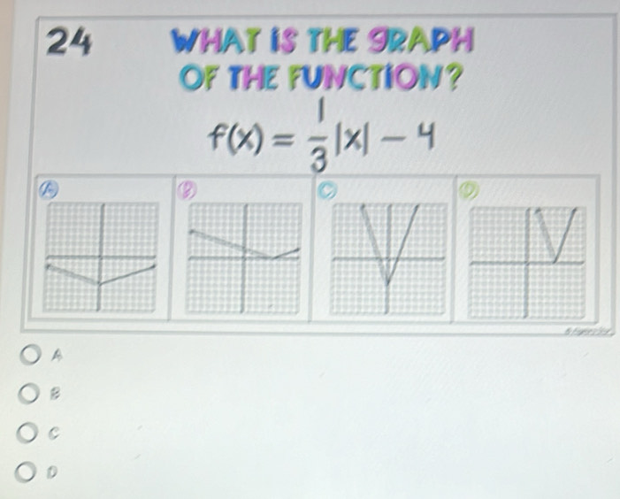 WHAT IS THE IRAPH
OF THE FUNCTION?
f(x)= 1/3 |x|-4
A
②
。

A
B
C
D