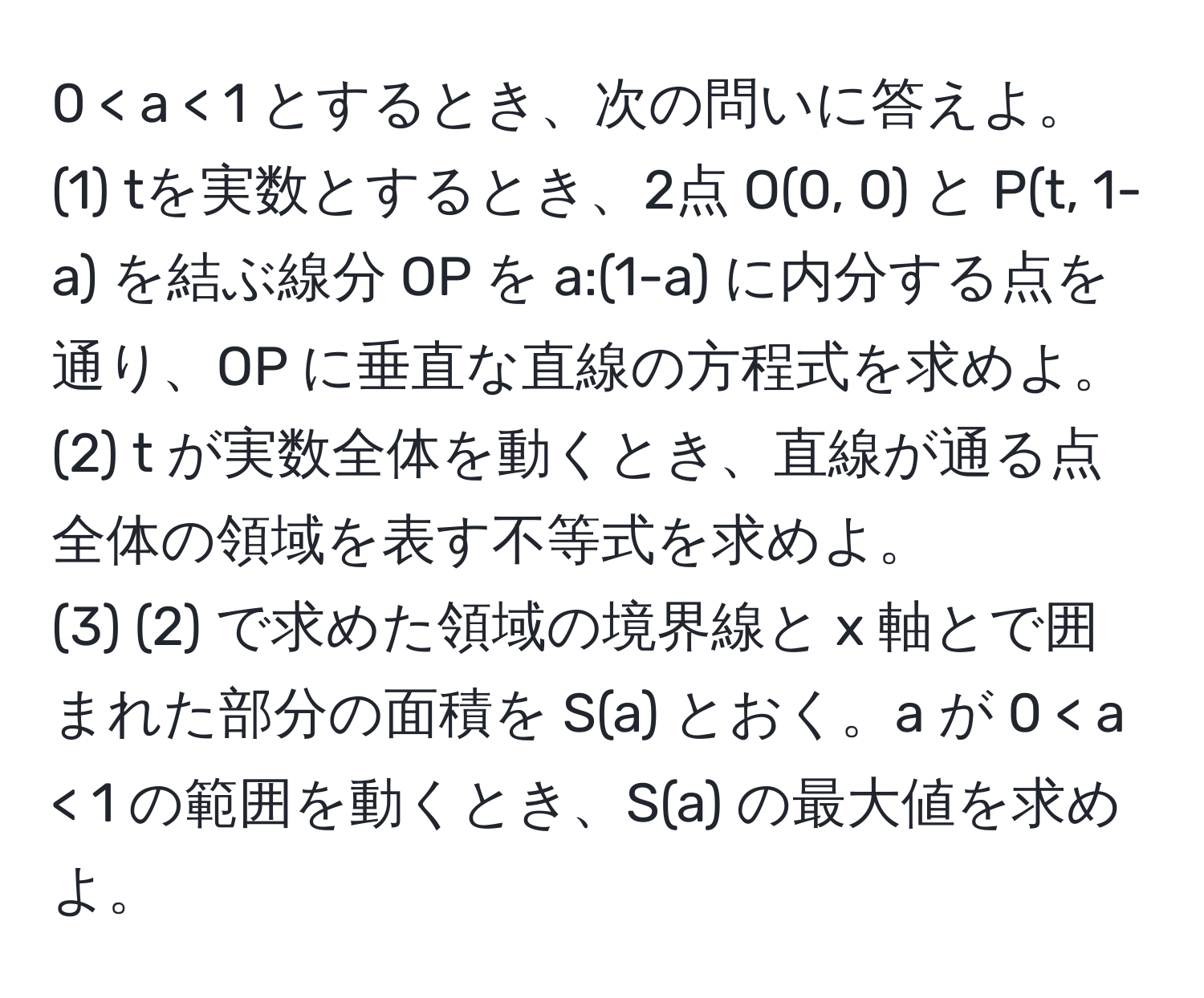 0 < a < 1 とするとき、次の問いに答えよ。  
(1) tを実数とするとき、2点 O(0, 0) と P(t, 1-a) を結ぶ線分 OP を a:(1-a) に内分する点を通り、OP に垂直な直線の方程式を求めよ。  
(2) t が実数全体を動くとき、直線が通る点全体の領域を表す不等式を求めよ。  
(3) (2) で求めた領域の境界線と x 軸とで囲まれた部分の面積を S(a) とおく。a が 0 < a < 1 の範囲を動くとき、S(a) の最大値を求めよ。