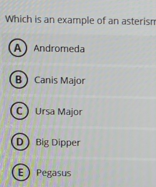 Solved: Which is an example of an asterism A Andromeda B Canis Major C ...
