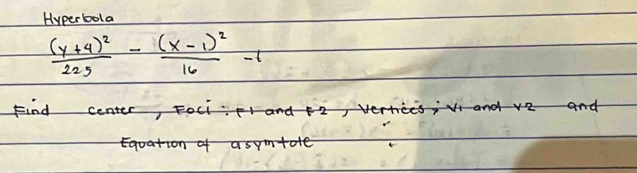 Hyperbola
frac (y+4)^2225-frac (x-1)^216-1
Findr