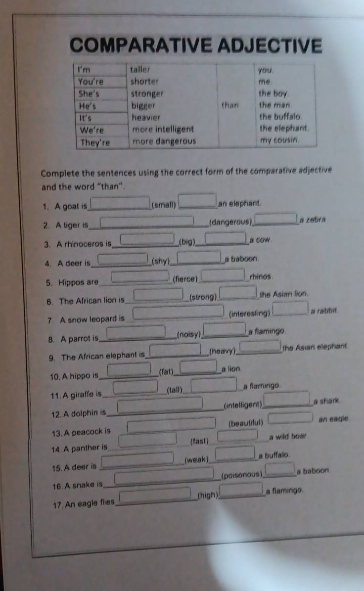 COMPARATIVE ADJECTIVE 
Complete the sentences using the correct form of the comparative adjective 
and the word “than”. 
1. A goat is _(small) an elephant. 
2. A tiger is_ (dangerous), a zebra 
3. A rhinoceros is __(big)._ a cow 
4. A deer is _(shy)_ a baboon. 
5. Hippos are _(fierce) rhinos. 
6. The African lion is _(strong) _the Asian lion. 
7. A snow leopard is _(interesling) a rabbil. 
8. A parrot is_ (noisy), _a flamingo. 
9. The African elephant is _(heavy),_ the Asian elephant. 
10. A hippo is _(fat) _a lion 
11. A giraffe is _(tall)_ a flamingo. 
12. A dolphin is _(intelligent)_ 
a shark. 
13. A peacock is _(beautiful) an eaqle. 
14. A panther is _(fast) _a wild boar 
15. A deer is __(weak)_ _a buffalo. 
16. A snake is_ (poisonous)_ a baboon 
17. An eagle flies _(high) _a flamingo.