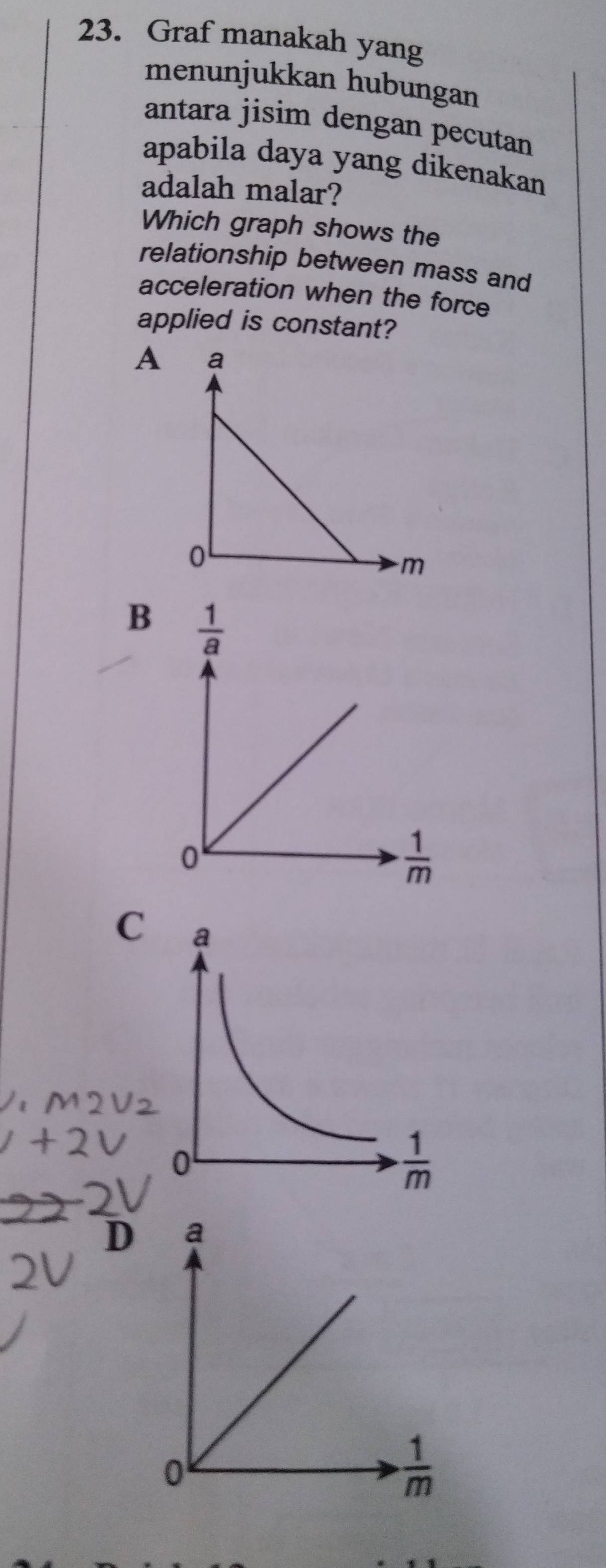 Graf manakah yang
menunjukkan hubungan
antara jisim dengan pecutan
apabila daya yang dikenakan
adalah malar?
Which graph shows the
relationship between mass and
acceleration when the force
applied is constant?
A
B
C
D