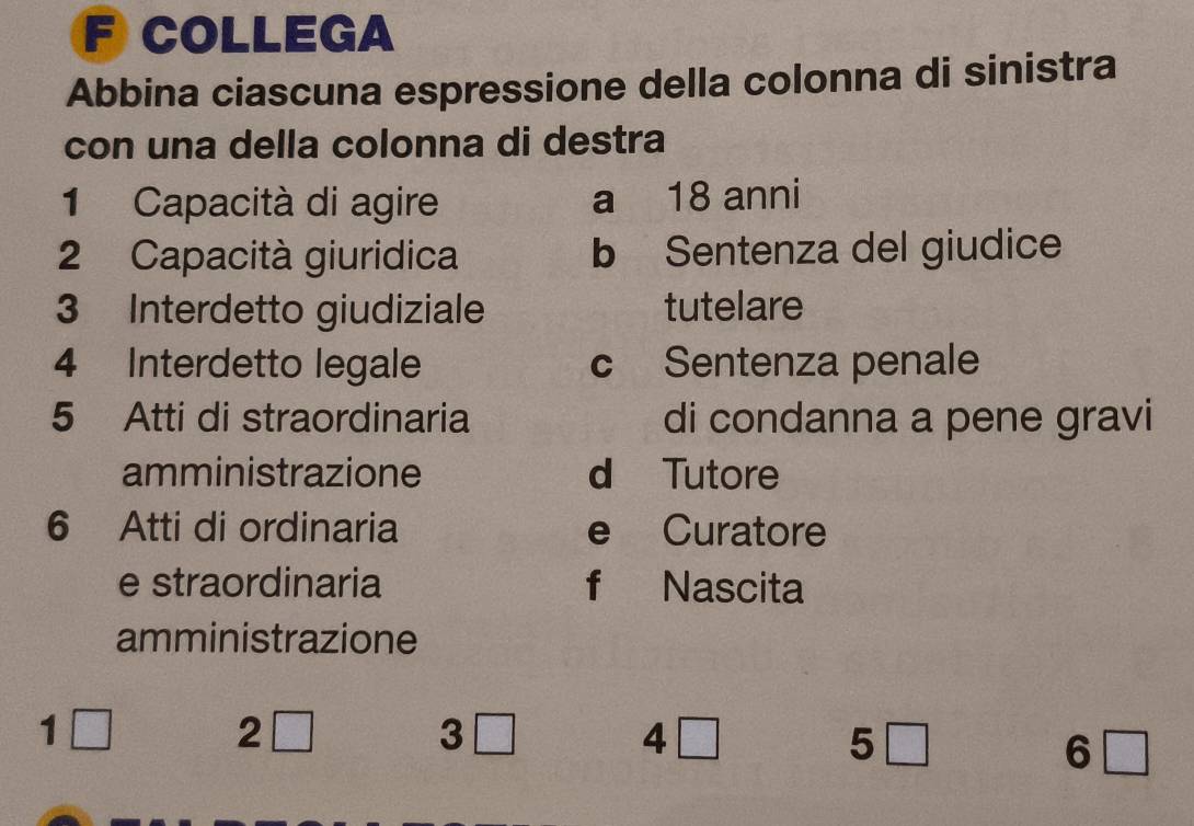 COLLEGA
Abbina ciascuna espressione della colonna di sinistra
con una della colonna di destra
1 Capacità di agire a 18 anni
2 Capacità giuridica b Sentenza del giudice
3 Interdetto giudiziale tutelare
4 Interdetto legale c Sentenza penale
5 Atti di straordinaria di condanna a pene gravi
amministrazione d Tutore
6 Atti di ordinaria e Curatore
e straordinaria f Nascita
amministrazione
1 
2
3₹
4
5
6