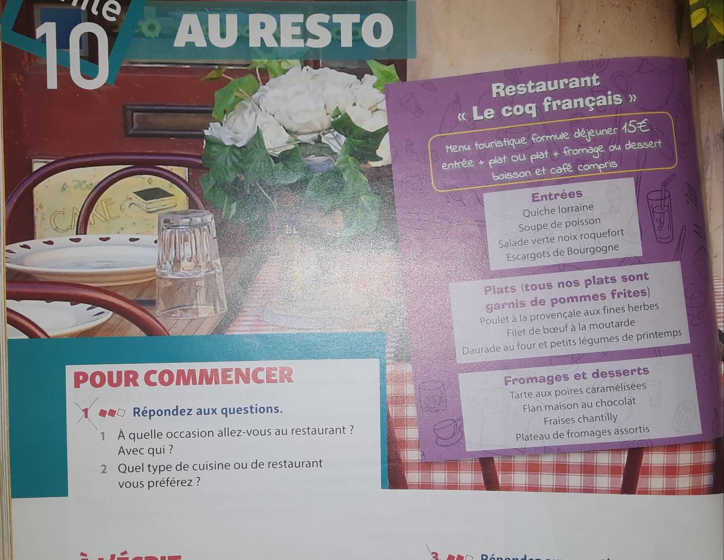 AU RESTO 
Restaurant 
« Le coq français » 
Menu touristique formule déjeuner 15E 
entrée + plat OU plat + fromage ou dessert 
boisson et café compris 
Entrées 
Quiche lorraine 
Soupe de poisson 
Salade verte noix roquefort 
Escargots de Bourgogne 
Plats (tous nos plats sont 
garnis de pommes frites) 
Poulet à la provençale aux fines herbes 
Filet de bœuf à la moutarde 
Daurade au four et petits légumes de printemps 
POUR COMMENCER 
Fromages et desserts 
Tarte aux poires caramélisées 
1 Répondez aux questions. 
Flan maison au chocolat 
Fraises chantilly 
1 À quelle occasion allez-vous au restaurant ? 
Plateau de fromages assortis 
Avec qui ? 
2 Quel type de cuisine ou de restaurant 
vous préférez ?