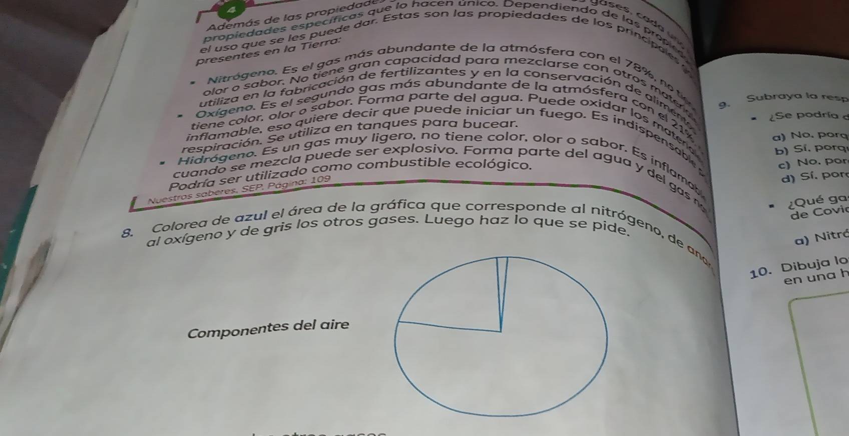 Además de las propiedade
propiedades específicas que lo hacen único. Dependiendo de las propeó
el uso que se les puede dar. Estas son las propiedades de los principaes y
presentes en la Tierra:
Nitrógeno. Es el gas más abundante de la atmósfera con el 78%, no tv
olor o sabor. No tiene gran capacidad para mezclarse con otros mater d
Subraya la resp
utiliza en la fabricación de fertilizantes y en la conservación de alimenty
9.
Oxigeno. Es el segundo gas más abundante de la atmósfera con el 21%
¿Se podría 
tiene color, olor o sabor. Forma parte del agua. Puede oxidar los materde
respiración. Se utiliza en tanques para bucear.
a) No. porq
inflamable, eso quiere decir que puede iniciar un fuego. Es indispensable
b) Sí, porq
Hidrógeno. Es un gas muy ligero, no tiene color, olor o sabor. Es inflamab 
Podría ser utilizado como combustible ecológico.
c) No. por
d) Sí. por
cuando se mezcla puede ser explosivo. Forma parte del agua y del gas n
Nuestros saberes, SEP. Página: 109
¿Qué gas
de Cović
al oxígeno y de gris los otros gases. Luego haz lo que se pide.
8. Colorea de azul el área de la gráfica que corresponde al nitrógeno, de ano
a) Nitrá
10. Dibuja lo
en una h
Componentes del aire