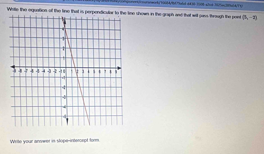 UI/IU/determine/component/coursework/16684/fbf79a6d-d430-3508-a2cd-7025ec389a54/TY/ 
Write the equation of the line that is perpendicular to the line shown in the graph and that will pass through the point (5,-2). 
Write your answer in slope-intercept form.