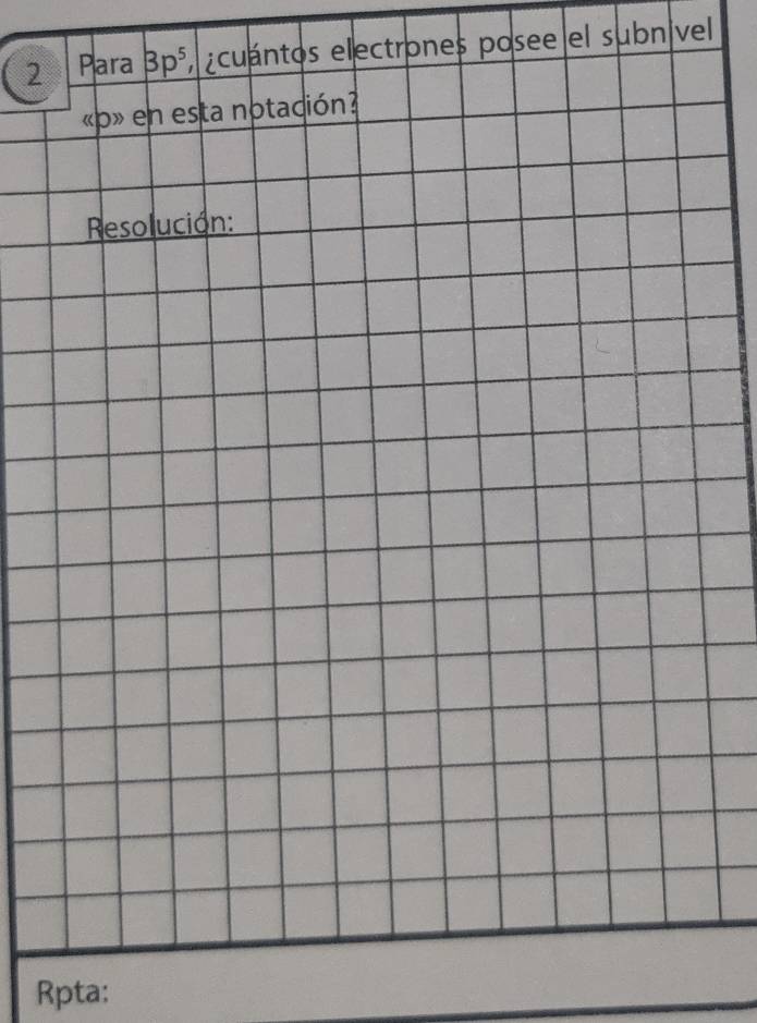Para 3p^5 , ecuántos electrones posee el subnivel 
« p» en esta notación? 
Resolución: 
Rpta: