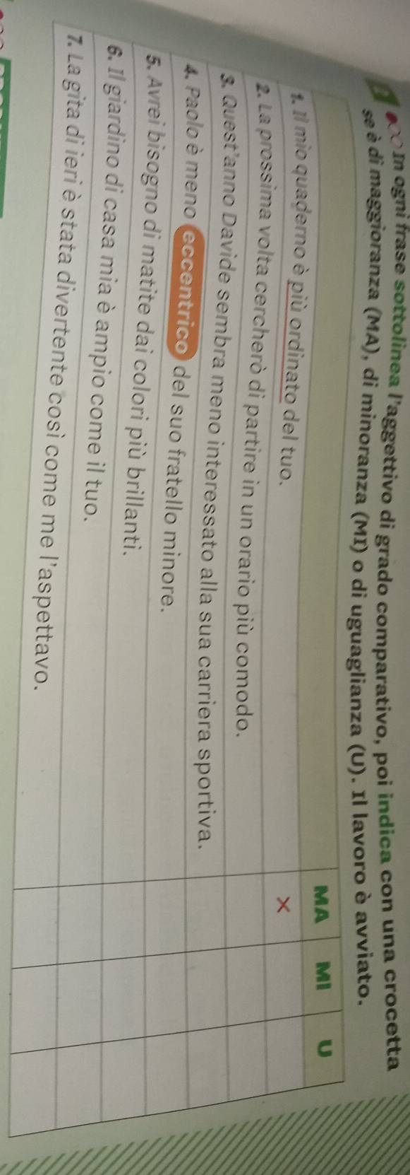 000 In ogni frase sottolinea l'aggettivo di grado comparativo, poi indica con una crocetta 
se è di maggioranza (MA), di min