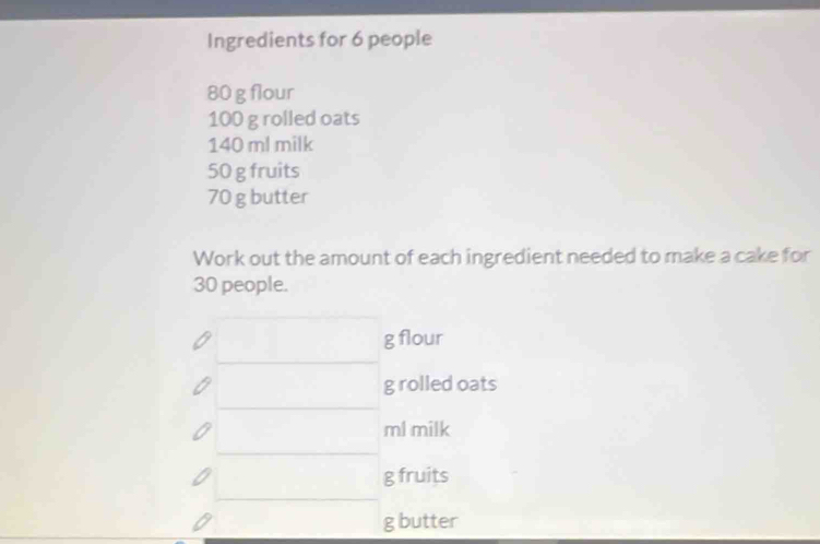 Ingredients for 6 people
80 g flour
100 g rolled oats
140 ml milk
50 g fruits
70 g butter 
Work out the amount of each ingredient needed to make a cake for
30 people. 
g flour 
g rolled oats 
ml milk 
g fruits 
g butter