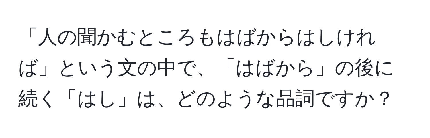 「人の聞かむところもはばからはしければ」という文の中で、「はばから」の後に続く「はし」は、どのような品詞ですか？