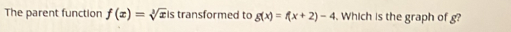 The parent function f(x)=sqrt[3](x)istransforme d to g(x)=f(x+2)-4. Which is the graph of g?