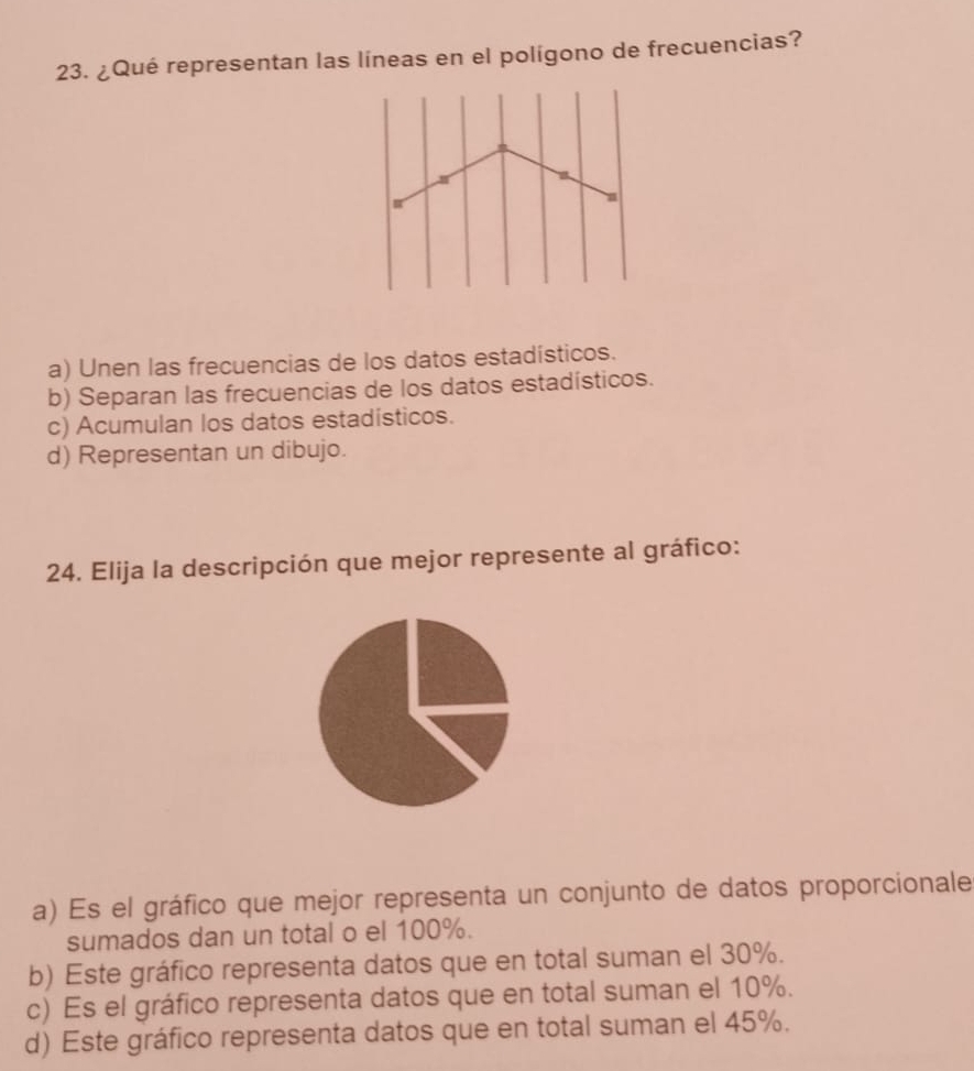 ¿Qué representan las líneas en el polígono de frecuencias?
a) Unen las frecuencias de los datos estadísticos.
b) Separan las frecuencias de los datos estadísticos.
c) Acumulan los datos estadísticos.
d) Representan un dibujo.
24. Elija la descripción que mejor represente al gráfico:
a) Es el gráfico que mejor representa un conjunto de datos proporcionale
sumados dan un total o el 100%.
b) Este gráfico representa datos que en total suman el 30%.
c) Es el gráfico representa datos que en total suman el 10%.
d) Este gráfico representa datos que en total suman el 45%.