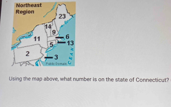 Using the map above, what number is on the state of Connecticut?