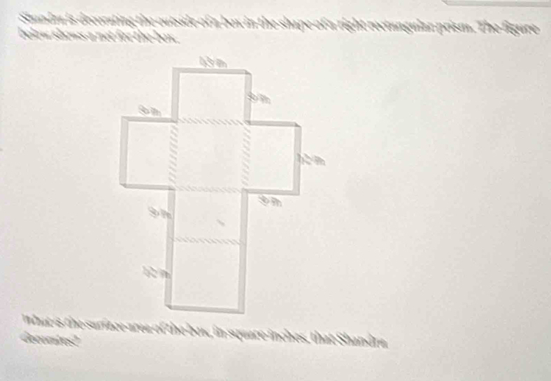 Shandra is decorating the outside of a box in the shape of a right rectangular prism. The figure 
bolow sĩ 
What is the surface area of the bow, in square inches, that Shandra. 
a