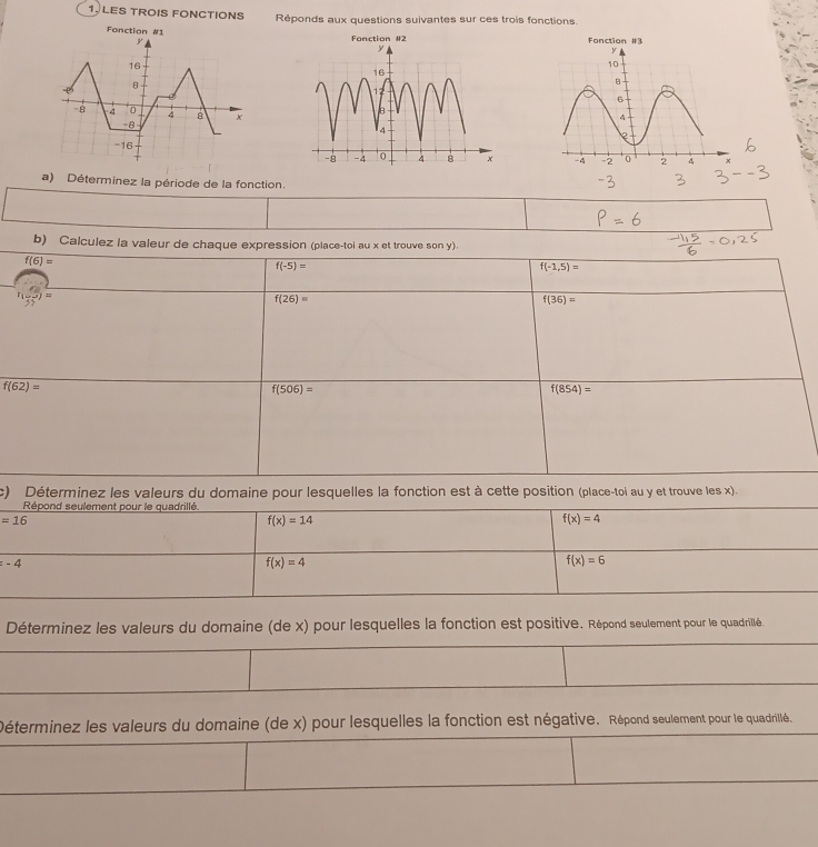 LES TROIS FONCTIONS Réponds aux questions suivantes sur ces trois fonctions.
Fonction #1Fonction #2 Fonction #
a) Déterminez la période de la fonction.
b) Calculez la valeur de chaque expression (place-toi au x et trouve son y).
f(6)=
f(-5)=
f(-1,5)=
f(26)=
f(36)=
f(62)=
f(506)=
f(854)=
c) Déterminez les valeurs du domaine pour lesquelles la fonction est à cette position (place-toi au y et trouve les x).
Déterminez les valeurs du domaine (de x) pour lesquelles la fonction est positive, Répond seulement pour le quadrillé.
Déterminez les valeurs du domaine (de x) pour lesquelles la fonction est négative. Répond seulement pour le quadrillé.