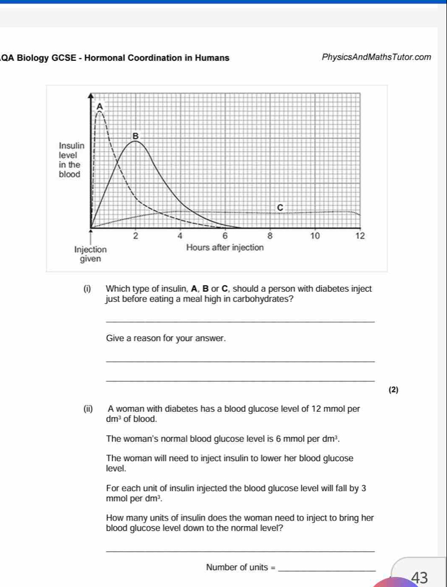 QA Biology GCSE - Hormonal Coordination in Humans PhysicsAndMathsTutor.com 
A 
B 
Insulin 
level 
in the 
blood 
C
2 4 6 8 10 12
Injection Hours after injection 
given 
(i) Which type of insulin, A, B or C, should a person with diabetes inject 
just before eating a meal high in carbohydrates? 
_ 
Give a reason for your answer. 
_ 
_ 
(2) 
(ii) A woman with diabetes has a blood glucose level of 12 mmol per
dm^3 of blood. 
The woman's normal blood glucose level is 6 mmol per dm^3. 
The woman will need to inject insulin to lower her blood glucose 
level. 
For each unit of insulin injected the blood glucose level will fall by 3
mmol per dm^3. 
How many units of insulin does the woman need to inject to bring her 
blood glucose level down to the normal level? 
_ 
Number of units =_ 
43