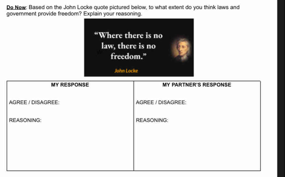 Do Now: Based on the John Locke quote pictured below, to what extent do you think laws and 
government provide freedom? Explain your reasoning. 
“Where there is no 
law, there is no 
freedom.” 
John Locke 
MY RESPONSE MY PARTNER'S RESPONSE 
AGREE / DISAGREE: AGREE / DISAGREE: 
REASONING: REASONING: