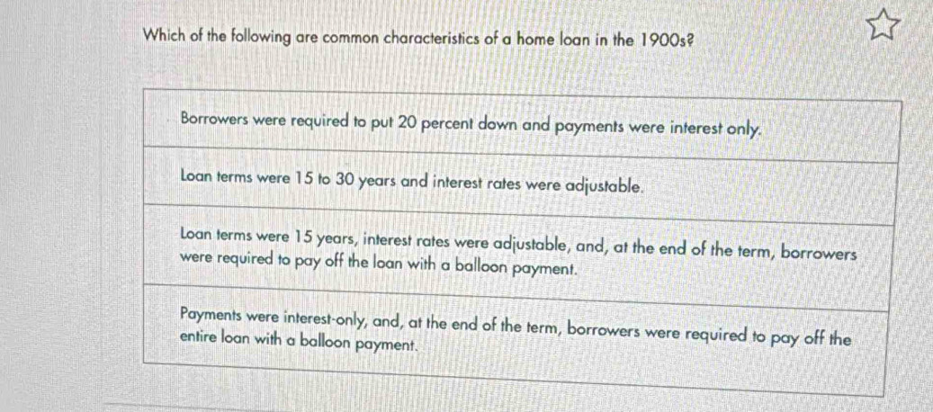 Which of the following are common characteristics of a home loan in the 1900s?
Borrowers were required to put 20 percent down and payments were interest only.
Loan terms were 15 to 30 years and interest rates were adjustable.
Loan terms were 15 years, interest rates were adjustable, and, at the end of the term, borrowers
were required to pay off the loan with a balloon payment.
Payments were interest-only, and, at the end of the term, borrowers were required to pay off the
entire loan with a balloon payment.