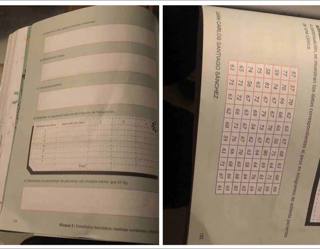 Determina los valores mínimos y máximos 
5 
tý Determina el rango. 
O Calcula la amplitud 
de frecuencias. 
e) Determina el porcentaje de personas con un peso menor que 65 Kg. 
134 Bloque 3 | Estadística descriptiva: medidas numéricas y dal