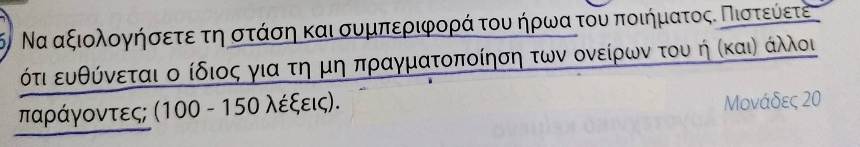 δ Να αξιολογήσετεα τηρστάση καισυμπεριφορά του ήρωα του ποιήματοςΚ Πιστοεοίετεν 
ότι ευθύνεται ο ίδιος για τη μη πραγματοποίηση των ονείρων του ή Κκαιν άλλοι 
παράγοντες; (100 - 15Ο λέξεις). 
Μονάδες 20